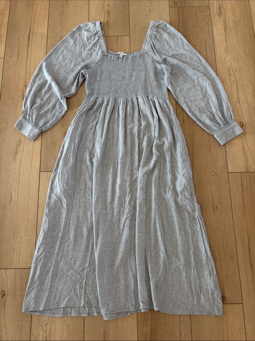 Madewell Light Gray Smocked Midi Dress with Puff Sleeves